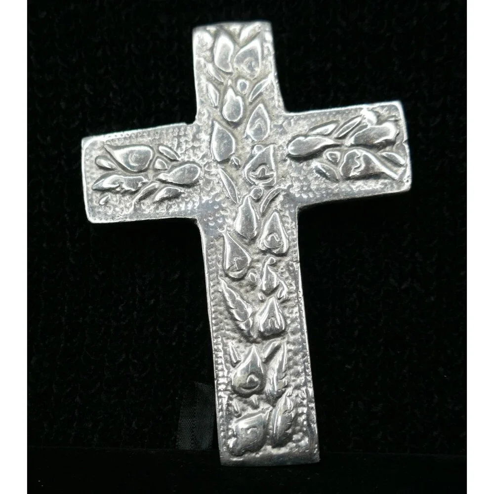 Polished Cast Pewter Wall Cross Embossed Leaves Flames 5 inch - Picture 1 of 6